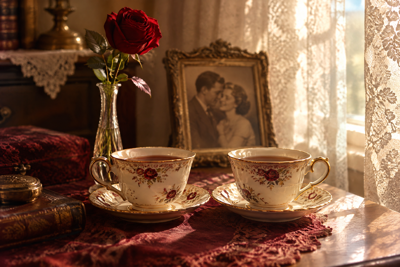 Dos tazas antiguas junto a una rosa y un retrato en sepia